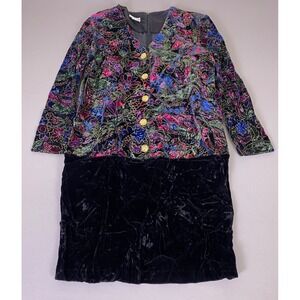Vintage KC Spencer Velvet Dress Women's Size 12 Floral Gold Metallic Burnout 80s